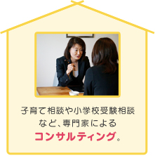 子育て相談や小学校受験相談など、専門家によるコンサルティング。